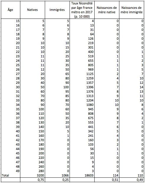 Feuille de calcul des naissances à partir d'une répartition par âge fictive des natives et des immigrées et des taux de fécondité par âge en France métropolitaine en 2017 mis en ligne sur le site de l'Insee