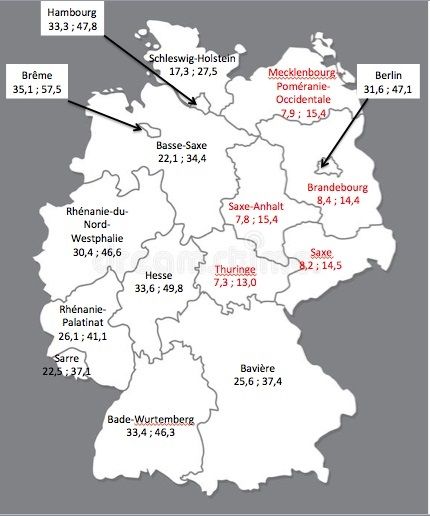 Pourcentage de personnes d’origine étrangère (tous âges et moins de 18 ans) dans les Länder allemands en 2018.
Source : Mikrozensus 2018, Destatis.

