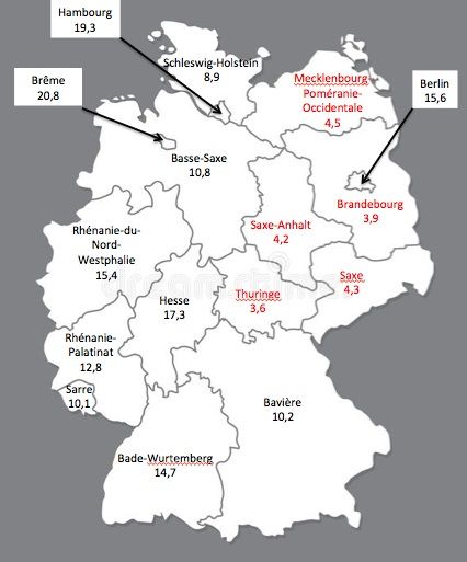 Pourcentage de personnes d’origine extra-européenne (tous âges) dans les länder allemands en 2018.
Source : Mikrozensus 2018, Destatis.
