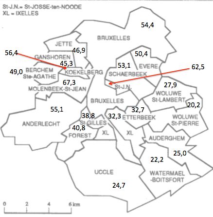 Pourcentage d’habitants d’origine extra-UE28 par commune dans la région de Bruxelles en 2020. 
Source : Statbel. 
Fond de carte : https://journalessentiel.be/articles/article/communes-et-provinces-a-la-carte.
