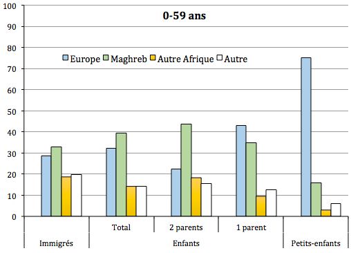 Origine des immigrés, enfants d'immigrés et petits-enfants d'immigrés selon le groupe d'âges en 2019-2020
Source : Enquêtes Emploi 2019 et 2020 et TeO2 2019-2020, d'après les tableaux publiés par l'Insee.