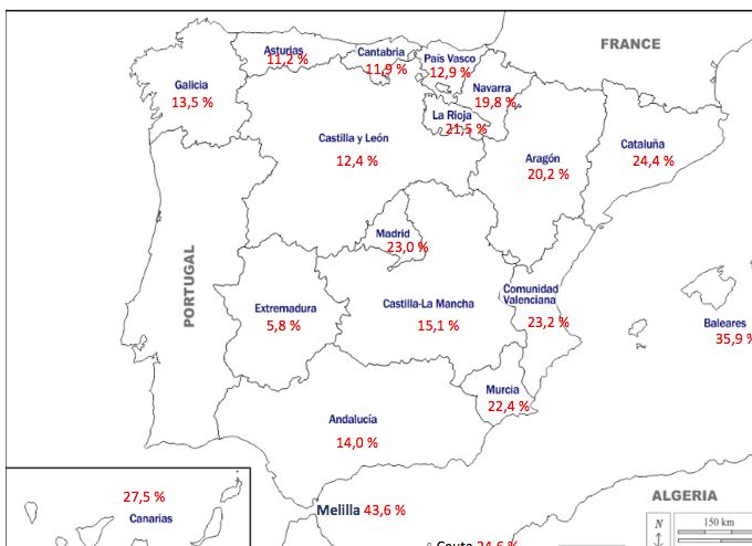 Pourcentage de personnes d’origine étrangère sur deux générations dans les communautés autonomes d’Espagne en 2020.
Source : Enquête continue auprès des ménages, Ine.
