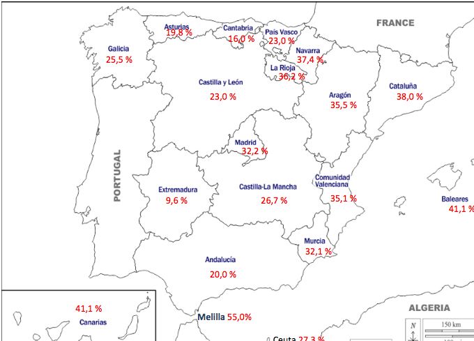Pourcentage de personnes âgées de moins de 15 ans d’origine étrangère sur deux générations dans les communautés autonomes d’Espagne en 2020.
Source : Enquête continue auprès des ménages, Ine.

