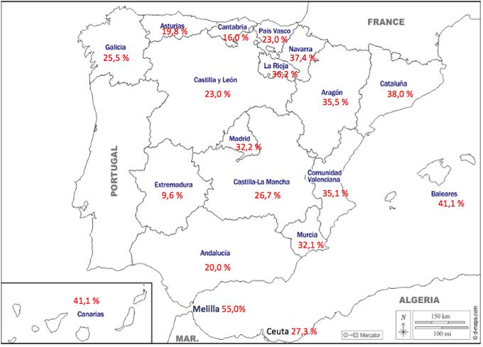 Pourcentage de personnes âgées de moins de 15 ans d’origine étrangère sur deux générations dans les communautés autonomes d’Espagne en 2020.
Source : Enquête continue auprès des ménages, Ine.
